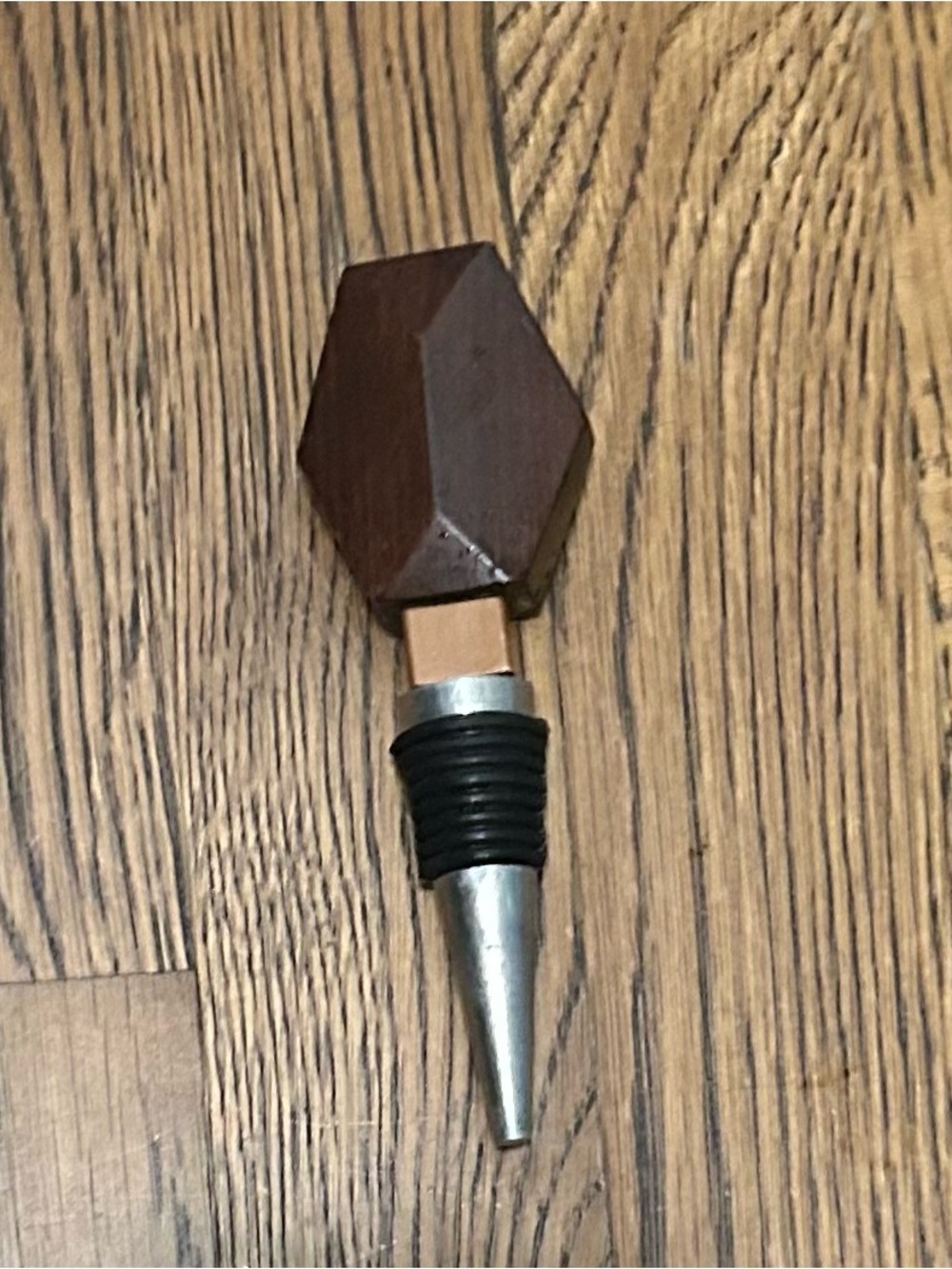Wood, copper & Metal Geometric Bottle Stopper - Brown rustic